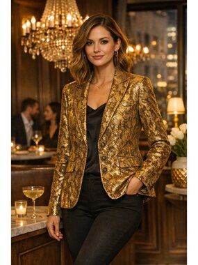 Chicos Layla Gold Snake Print Blazer Jacket Size S Ruched Metallic NWT